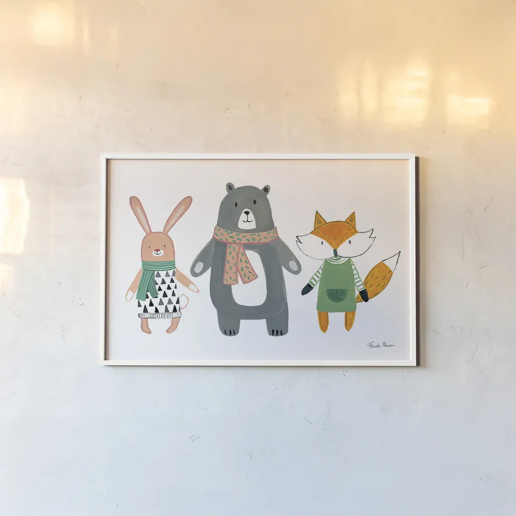 Neighborhood Pals XII by Farida Zaman. shown as a paper print in a white frame. Available as a archival giclee rolled canvas, fine art paper, or poster print. SKU 51077i.