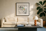 Neighborhood Pals XIII by Farida Zaman. Displayed in a glass frame with matte in a clean modern living room. Available as an archival giclee rolled canvas, fine art paper, or poster print. SKU 51078a.