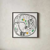 Neighborhood Pals XIV by Farida Zaman. Shown in a sleek black glass frame for a contemporary gallery look. Available as an archival giclee rolled canvas, fine art paper, or poster print. SKU 51079a.