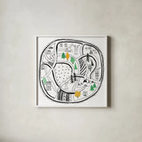 Neighborhood Pals XIV by Farida Zaman. Shown in a crisp white glass frame for a clean and minimalist style. Available as an archival giclee rolled canvas, fine art paper, or poster print. SKU 51079a.