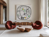 Neighborhood Pals XIV by Farida Zaman. Shown as extra-large giant wall art in a modern living room. Available as an archival giclee rolled canvas, fine art paper, or poster print. SKU 51079a.