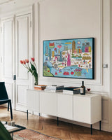 New York Map by Farida Zaman. shown as a framed stretched canvas in a living room above a console. Available as a archival giclee rolled canvas, fine art paper, or poster print. SKU 66626i.