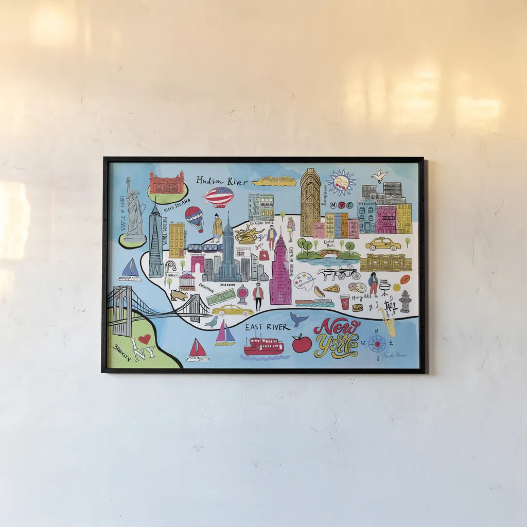 New York Map by Farida Zaman. shown as a paper print in a black flame. Available as a archival giclee rolled canvas, fine art paper, or poster print. SKU 66626i.