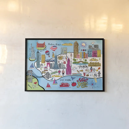 New York Map by Farida Zaman. shown as a paper print in a black flame. Available as a archival giclee rolled canvas, fine art paper, or poster print. SKU 66626i.