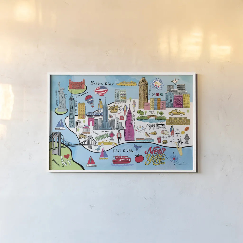 New York Map by Farida Zaman. shown as a paper print in a white frame. Available as a archival giclee rolled canvas, fine art paper, or poster print. SKU 66626i.