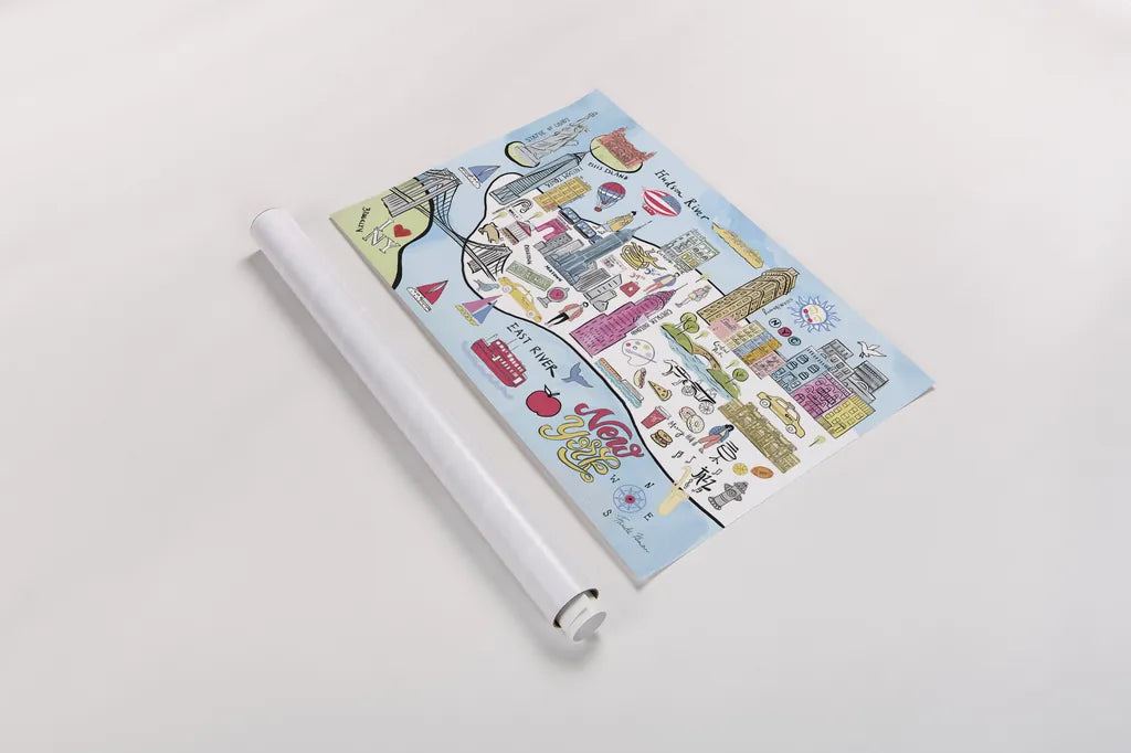 New York Map Light by Farida Zaman. shown as a rolled paper print. Available as archival giclee rolled canvas, fine art paper, or poster print. SKU 68066i.