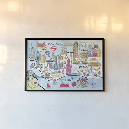 New York Map Light by Farida Zaman. shown as a paper print in a black flame. Available as a archival giclee rolled canvas, fine art paper, or poster print. SKU 68066i.