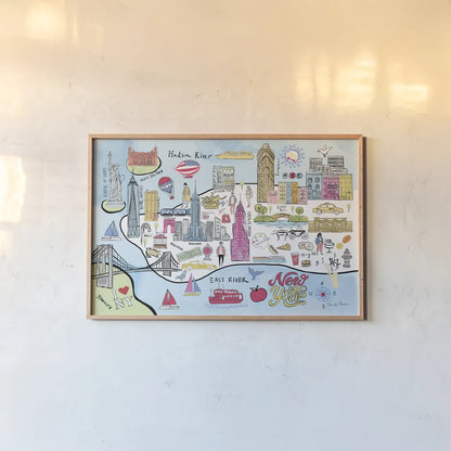 New York Map Light by Farida Zaman. shown as a paper print in a natural frame. Available as a archival giclee rolled canvas, fine art paper, or poster print. SKU 68066i.