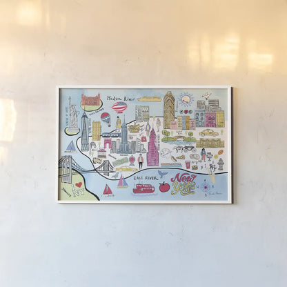 New York Map Light by Farida Zaman. shown as a paper print in a white frame. Available as a archival giclee rolled canvas, fine art paper, or poster print. SKU 68066i.