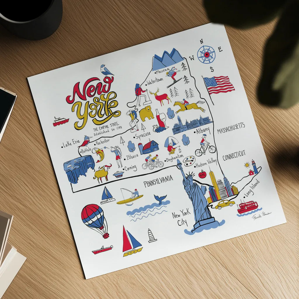 New York State by Farida Zaman. Shown as a detailed flat fine art print, highlighting archival giclee quality. Available as an archival giclee rolled canvas, fine art paper, or poster print. SKU 61529a.