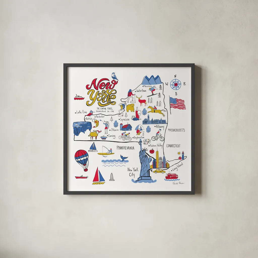 New York State by Farida Zaman. Shown in a sleek black glass frame for a contemporary gallery look. Available as an archival giclee rolled canvas, fine art paper, or poster print. SKU 61529a.