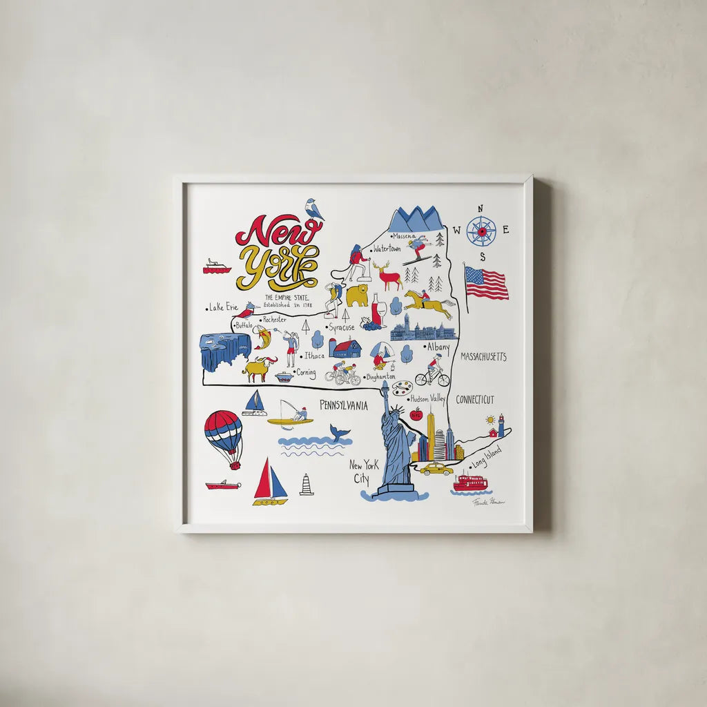 New York State by Farida Zaman. Shown in a crisp white glass frame for a clean and minimalist style. Available as an archival giclee rolled canvas, fine art paper, or poster print. SKU 61529a.