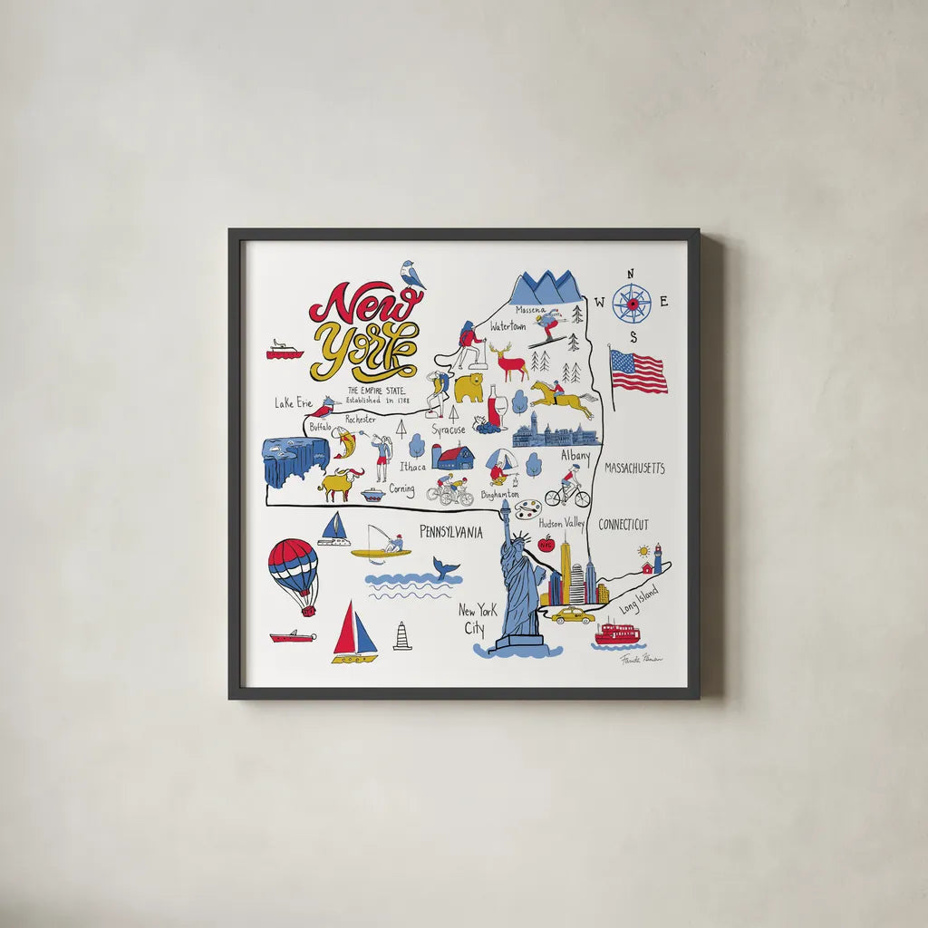 New York State No BP by Farida Zaman. Shown in a sleek black glass frame for a contemporary gallery look. Available as an archival giclee rolled canvas, fine art paper, or poster print. SKU 64037a.