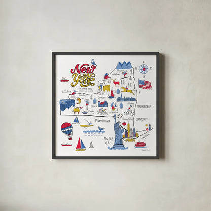 New York State No BP by Farida Zaman. Shown in a sleek black glass frame for a contemporary gallery look. Available as an archival giclee rolled canvas, fine art paper, or poster print. SKU 64037a.