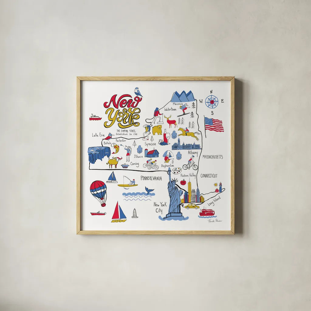 New York State No BP by Farida Zaman. Shown in a natural wood glass frame for a timeless modern aesthetic. Available as an archival giclee rolled canvas, fine art paper, or poster print. SKU 64037a.