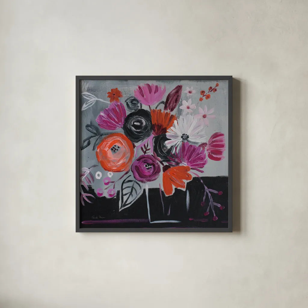 Nighttime Bloom by Farida Zaman. Shown in a sleek black glass frame for a contemporary gallery look. Available as an archival giclee rolled canvas, fine art paper, or poster print. SKU 38704a.