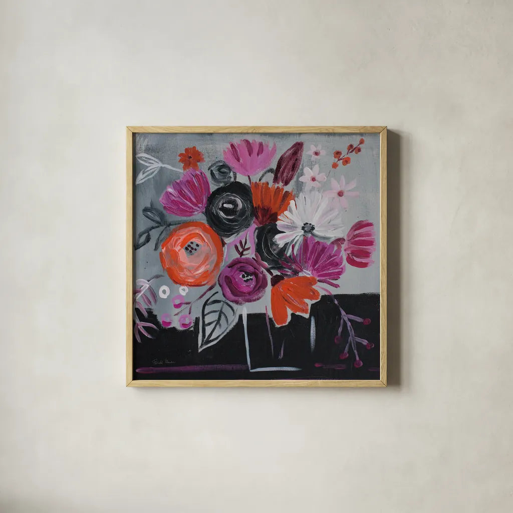 Nighttime Bloom by Farida Zaman. Shown in a natural wood glass frame for a timeless modern aesthetic. Available as an archival giclee rolled canvas, fine art paper, or poster print. SKU 38704a.