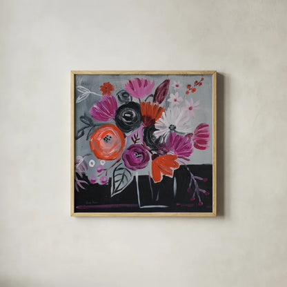 Nighttime Bloom by Farida Zaman. Shown in a natural wood glass frame for a timeless modern aesthetic. Available as an archival giclee rolled canvas, fine art paper, or poster print. SKU 38704a.