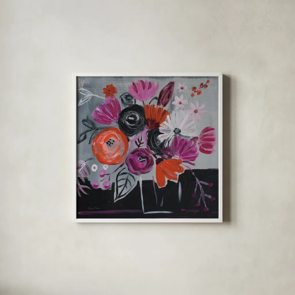 Nighttime Bloom by Farida Zaman. Shown in a crisp white glass frame for a clean and minimalist style. Available as an archival giclee rolled canvas, fine art paper, or poster print. SKU 38704a.