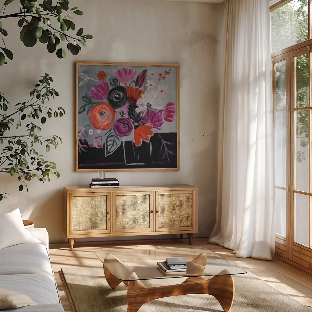 Nighttime Bloom by Farida Zaman. Shown in a natural wood frame in a cozy modern living room. Available as an archival giclee rolled canvas, fine art paper, or poster print. SKU 38704a.