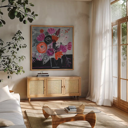 Nighttime Bloom by Farida Zaman. Shown in a natural wood frame in a cozy modern living room. Available as an archival giclee rolled canvas, fine art paper, or poster print. SKU 38704a.