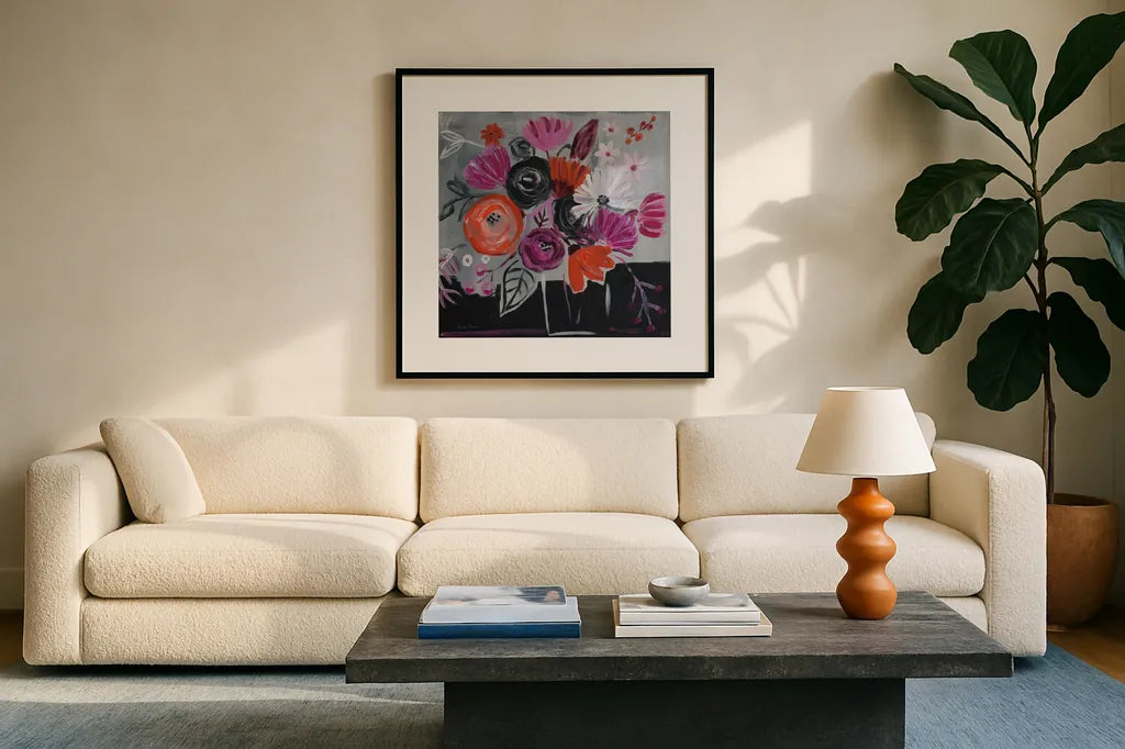 Nighttime Bloom by Farida Zaman. Displayed in a glass frame with matte in a clean modern living room. Available as an archival giclee rolled canvas, fine art paper, or poster print. SKU 38704a.