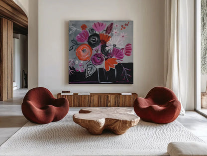 Nighttime Bloom by Farida Zaman. Shown as extra-large giant wall art in a modern living room. Available as an archival giclee rolled canvas, fine art paper, or poster print. SKU 38704a.