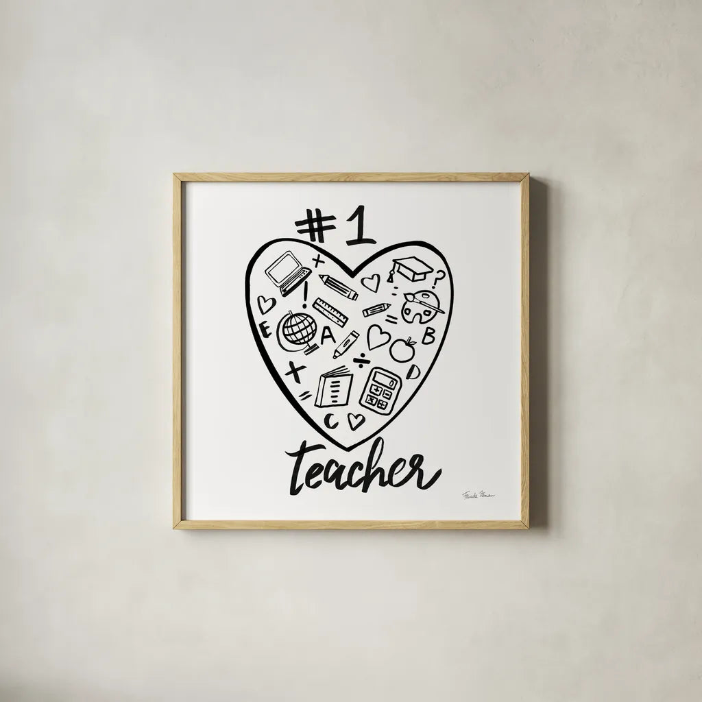 No.1 Teacher by Farida Zaman. Shown in a natural wood glass frame for a timeless modern aesthetic. Available as an archival giclee rolled canvas, fine art paper, or poster print. SKU 86343a.