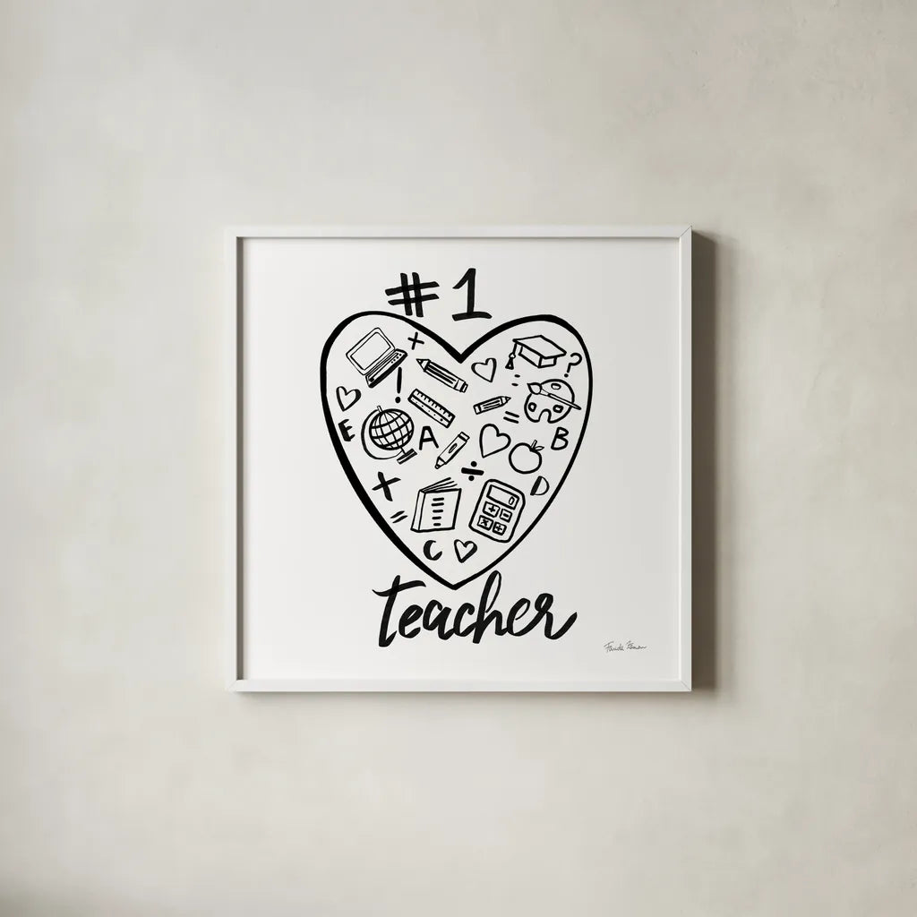 No.1 Teacher by Farida Zaman. Shown in a crisp white glass frame for a clean and minimalist style. Available as an archival giclee rolled canvas, fine art paper, or poster print. SKU 86343a.