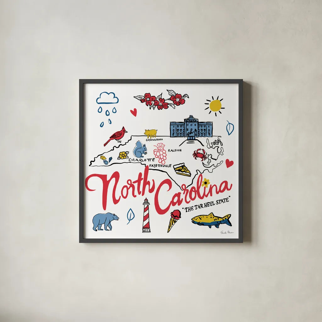North Carolina by Farida Zaman. Shown in a sleek black glass frame for a contemporary gallery look. Available as an archival giclee rolled canvas, fine art paper, or poster print. SKU 87828a.