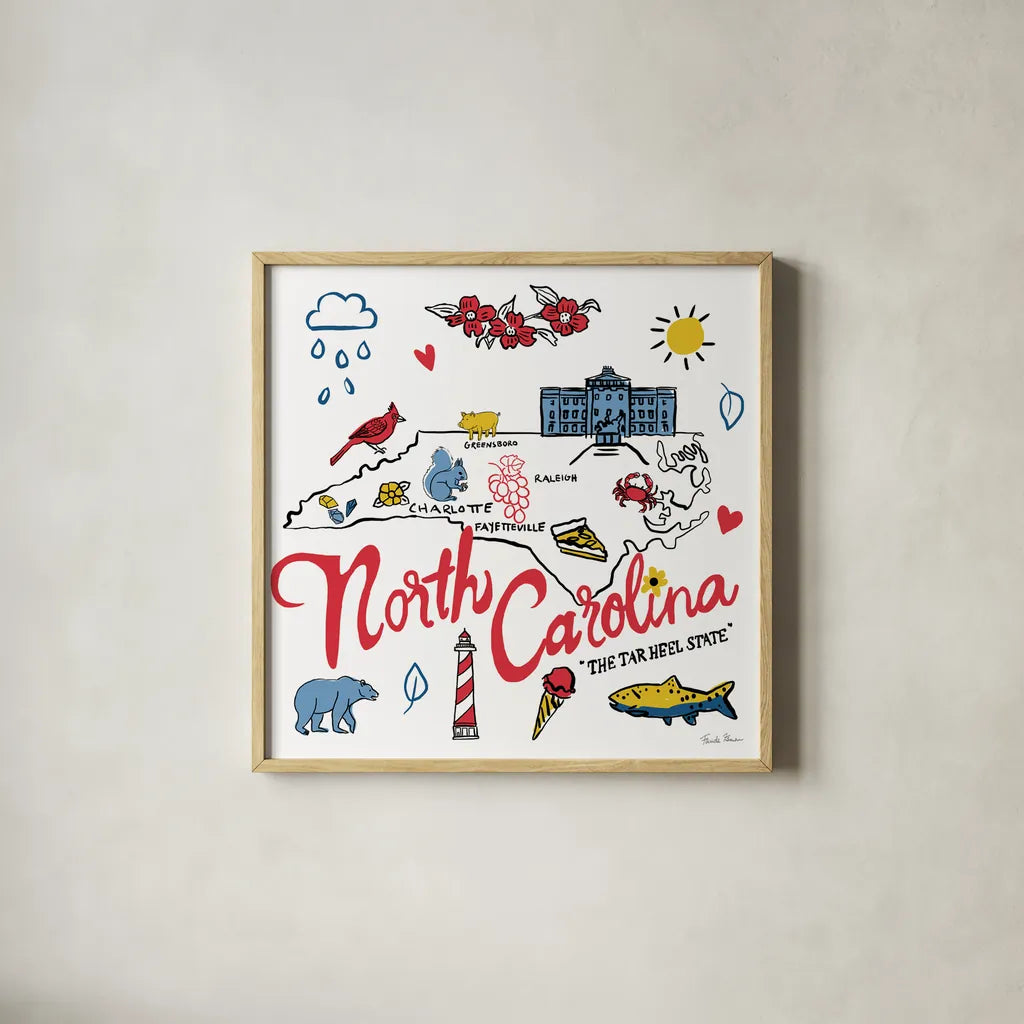 North Carolina by Farida Zaman. Shown in a natural wood glass frame for a timeless modern aesthetic. Available as an archival giclee rolled canvas, fine art paper, or poster print. SKU 87828a.
