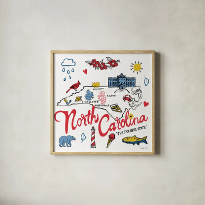 North Carolina by Farida Zaman. Shown in a natural wood glass frame for a timeless modern aesthetic. Available as an archival giclee rolled canvas, fine art paper, or poster print. SKU 87828a.