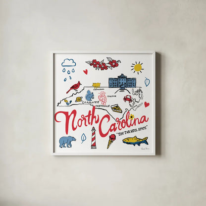 North Carolina by Farida Zaman. Shown in a crisp white glass frame for a clean and minimalist style. Available as an archival giclee rolled canvas, fine art paper, or poster print. SKU 87828a.