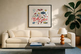 North Carolina by Farida Zaman. Displayed in a glass frame with matte in a clean modern living room. Available as an archival giclee rolled canvas, fine art paper, or poster print. SKU 87828a.
