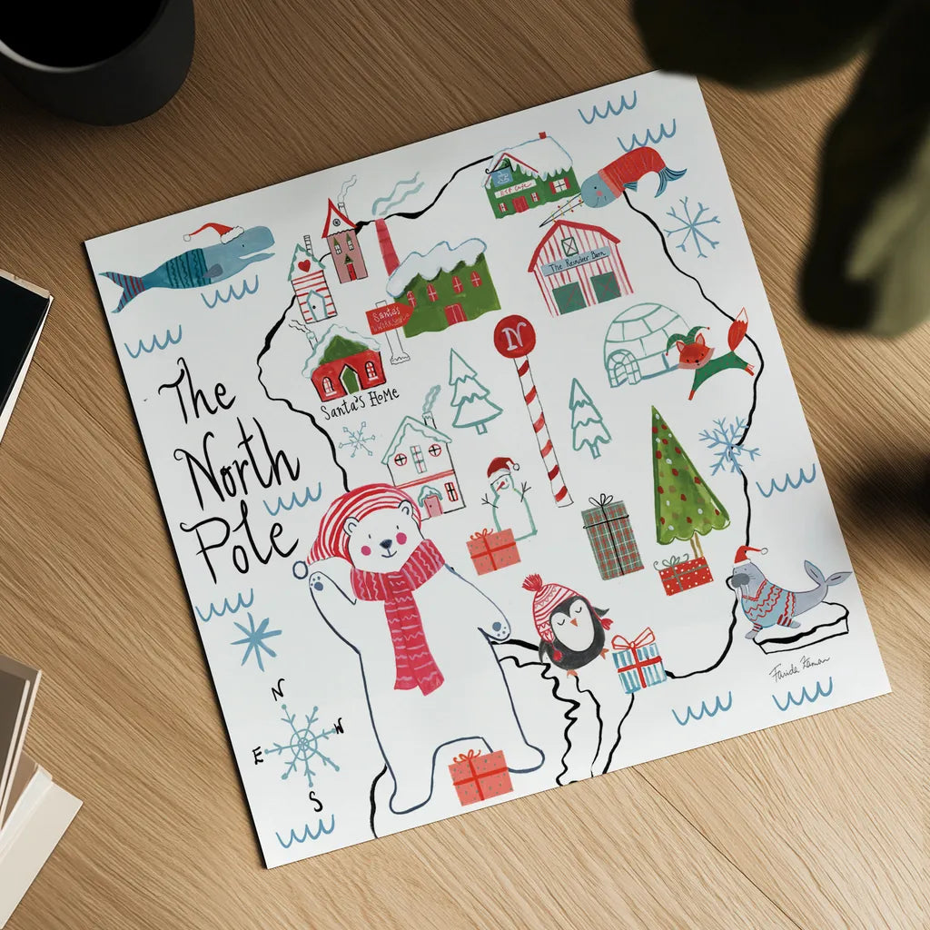North Pole Pals I by Farida Zaman. Shown as a detailed flat fine art print, highlighting archival giclee quality. Available as an archival giclee rolled canvas, fine art paper, or poster print. SKU 65611a.