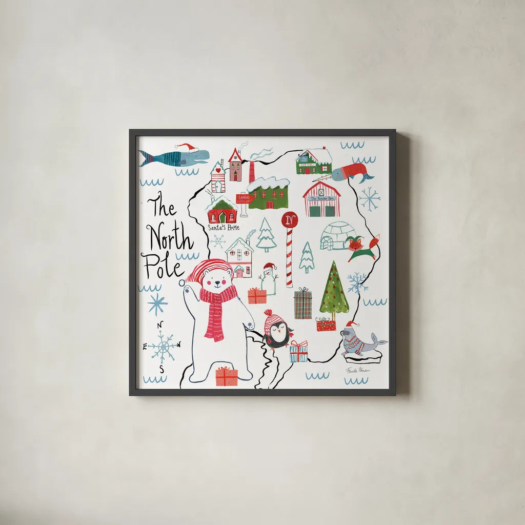 North Pole Pals I by Farida Zaman. Shown in a sleek black glass frame for a contemporary gallery look. Available as an archival giclee rolled canvas, fine art paper, or poster print. SKU 65611a.