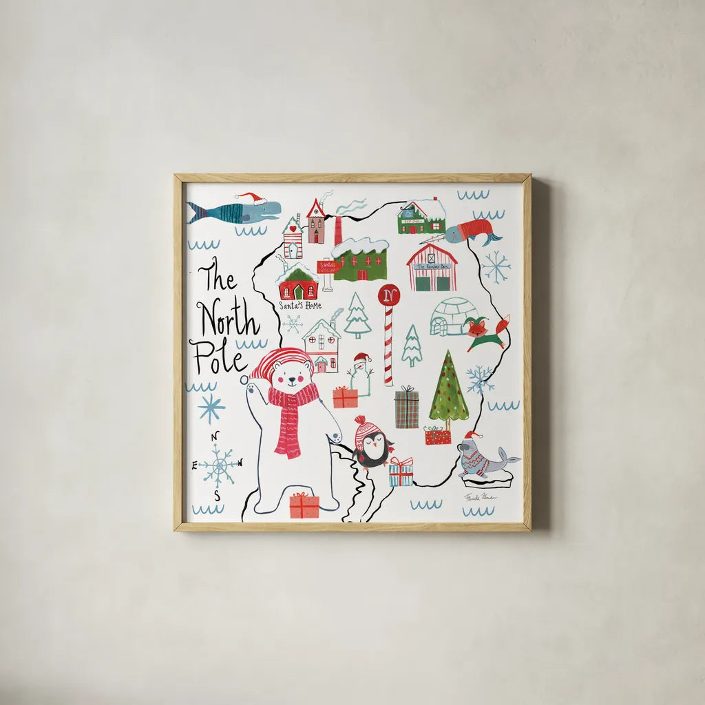 North Pole Pals I by Farida Zaman. Shown in a natural wood glass frame for a timeless modern aesthetic. Available as an archival giclee rolled canvas, fine art paper, or poster print. SKU 65611a.