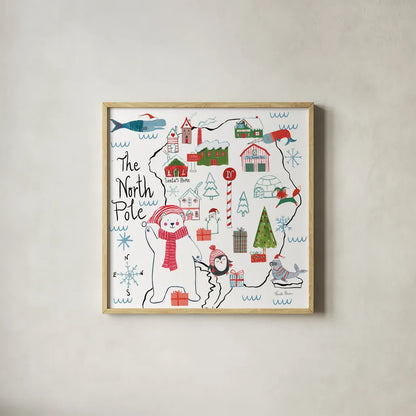 North Pole Pals I by Farida Zaman. Shown in a natural wood glass frame for a timeless modern aesthetic. Available as an archival giclee rolled canvas, fine art paper, or poster print. SKU 65611a.