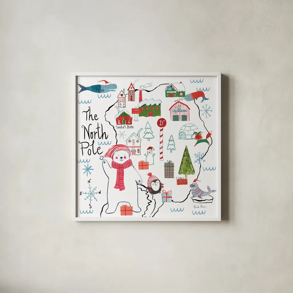 North Pole Pals I by Farida Zaman. Shown in a crisp white glass frame for a clean and minimalist style. Available as an archival giclee rolled canvas, fine art paper, or poster print. SKU 65611a.