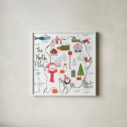 North Pole Pals I by Farida Zaman. Shown in a crisp white glass frame for a clean and minimalist style. Available as an archival giclee rolled canvas, fine art paper, or poster print. SKU 65611a.