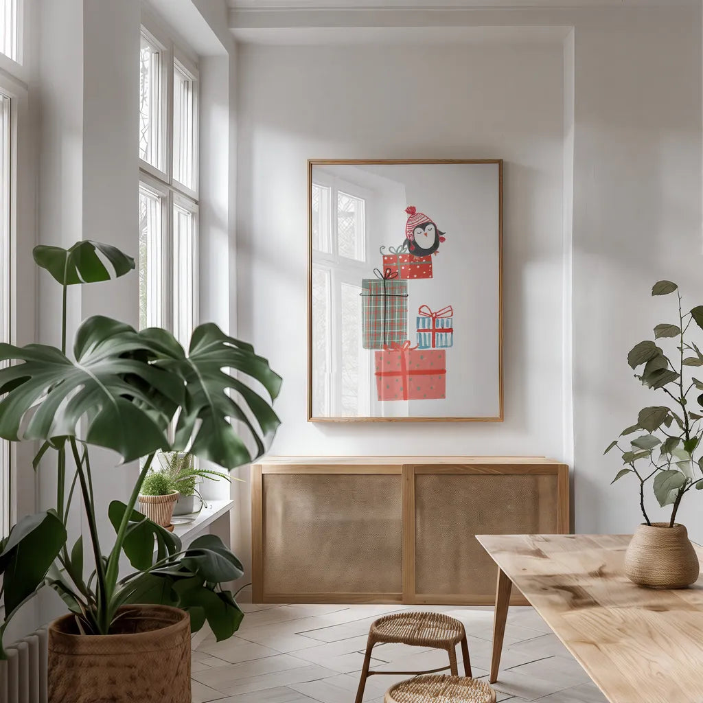 North Pole Pals II by Farida Zaman. shown as a print in a natural wood frame in a dining room. Available as a archival giclee rolled canvas, fine art paper, or poster print. SKU 65612h.