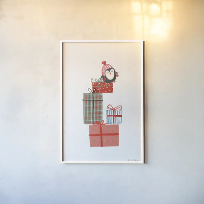 North Pole Pals II by Farida Zaman. shown as a paper print in a white frame. Available as a archival giclee rolled canvas, fine art paper, or poster print. SKU 65612h.