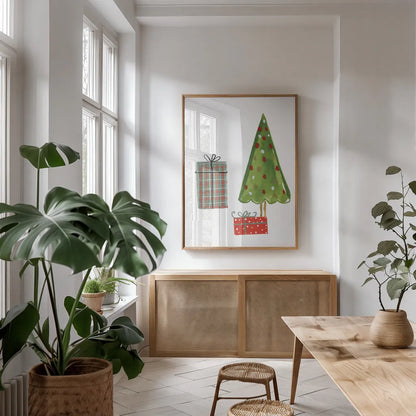 North Pole Pals III by Farida Zaman. shown as a print in a natural wood frame in a dining room. Available as a archival giclee rolled canvas, fine art paper, or poster print. SKU 65613h.