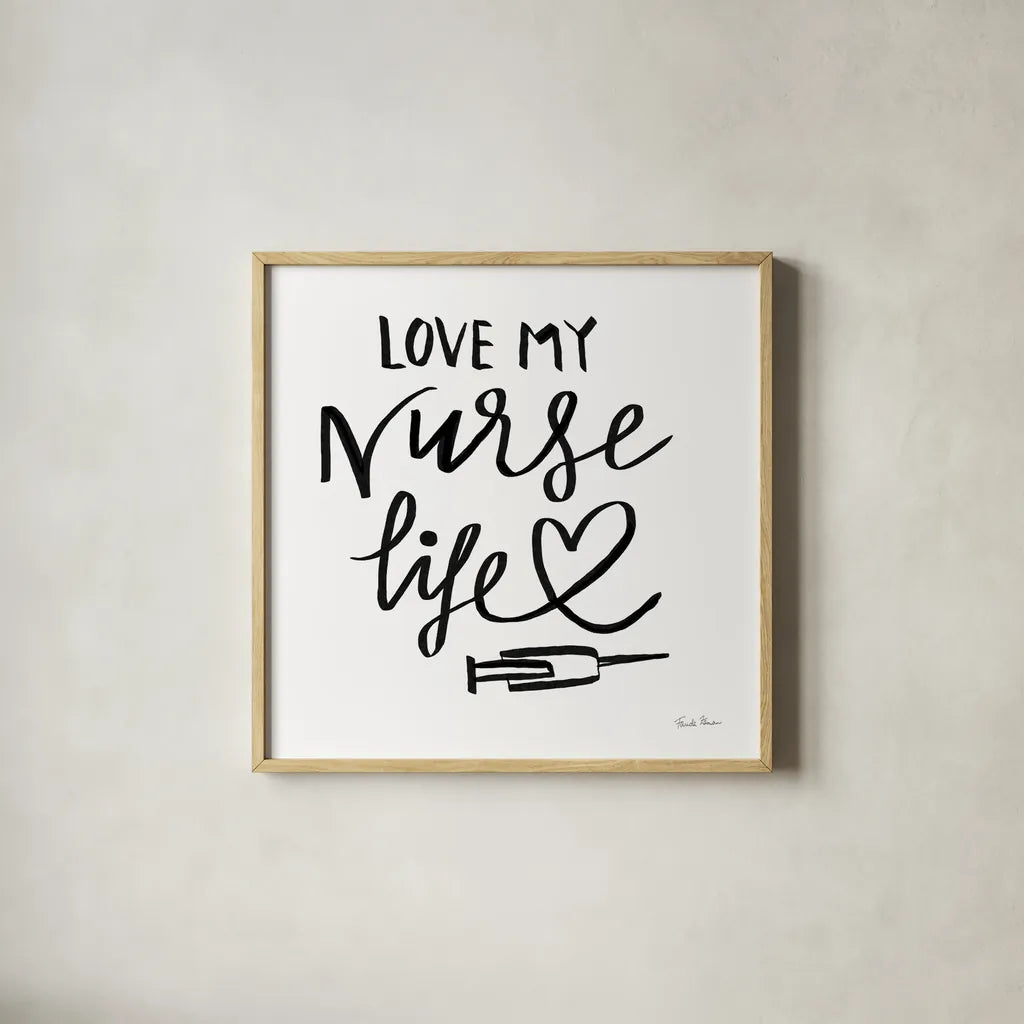 Nurse Life by Farida Zaman. Shown in a natural wood glass frame for a timeless modern aesthetic. Available as an archival giclee rolled canvas, fine art paper, or poster print. SKU 86342a.