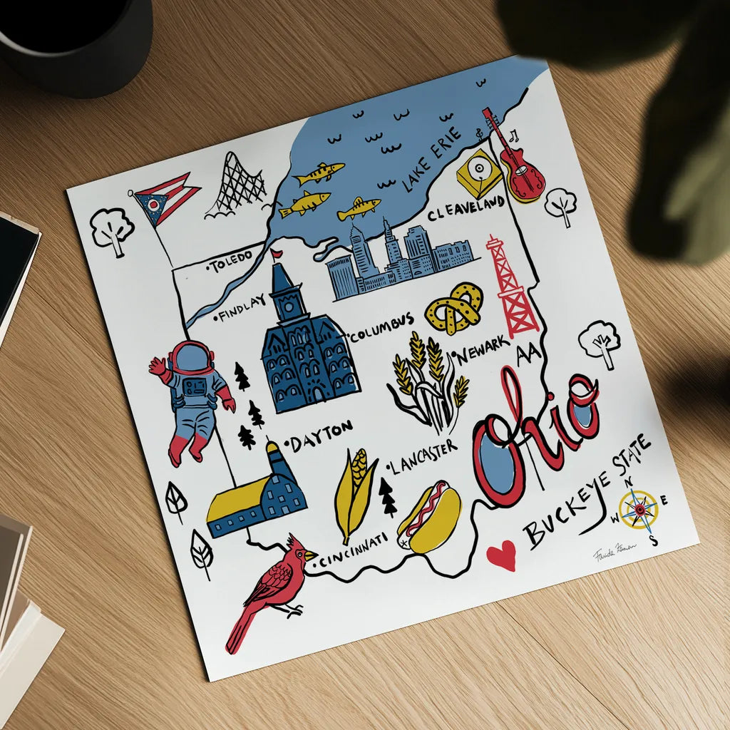 Ohio by Farida Zaman. Shown as a detailed flat fine art print, highlighting archival giclee quality. Available as an archival giclee rolled canvas, fine art paper, or poster print. SKU 87829a.