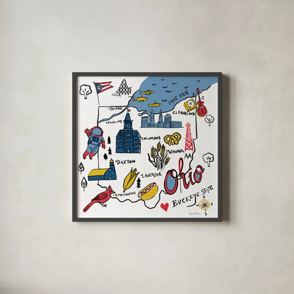 Ohio by Farida Zaman. Shown in a sleek black glass frame for a contemporary gallery look. Available as an archival giclee rolled canvas, fine art paper, or poster print. SKU 87829a.