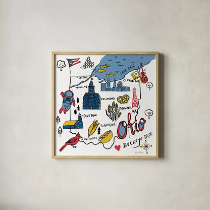 Ohio by Farida Zaman. Shown in a natural wood glass frame for a timeless modern aesthetic. Available as an archival giclee rolled canvas, fine art paper, or poster print. SKU 87829a.