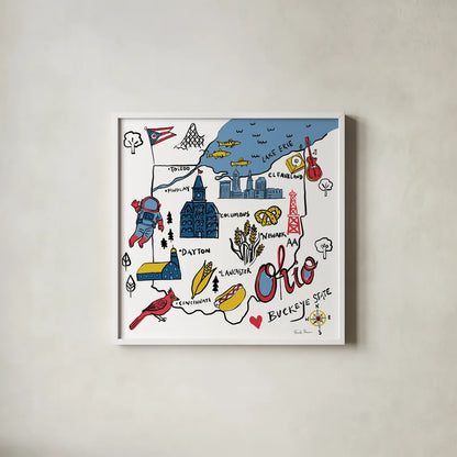 Ohio by Farida Zaman. Shown in a crisp white glass frame for a clean and minimalist style. Available as an archival giclee rolled canvas, fine art paper, or poster print. SKU 87829a.