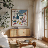 Ohio by Farida Zaman. Shown in a natural wood frame in a cozy modern living room. Available as an archival giclee rolled canvas, fine art paper, or poster print. SKU 87829a.