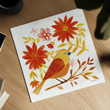 Orange Bird I by Farida Zaman. Shown as a detailed flat fine art print, highlighting archival giclee quality. Available as an archival giclee rolled canvas, fine art paper, or poster print. SKU 39276a.